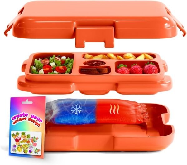 5 Compartment Bento Box for Kids with Hot & Cold Packs for Lunch Box - Leakproof, Dishwasher & Freezer-Safe, Microwavable - Lunch Containers with Compartments - Reusable Snack Containers for School