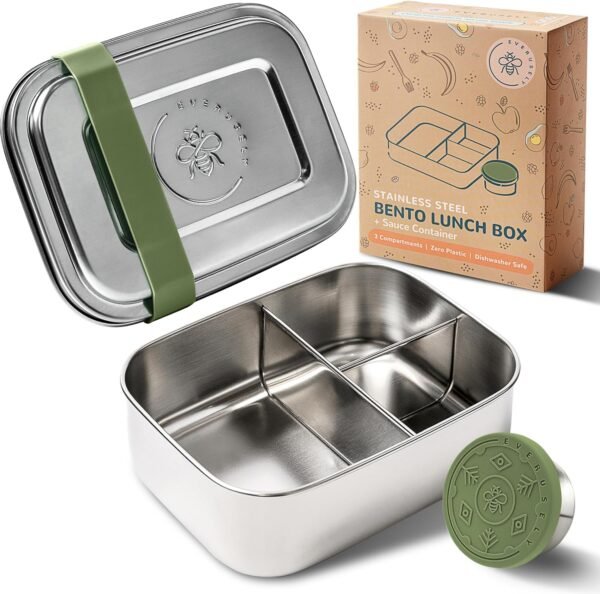 Everusely - Bento Box for Kids - Sage, 6.5x4.7 / 27oz - Stainless Steel Lunch Box w/Leakproof Condiment Container - 3 Compartment Snack Box for School, Office Meals - Freezer & Dishwasher Safe