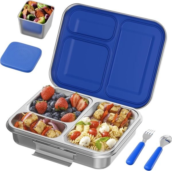 Large Stainless Steel Lunch Box - 3 Compartments & Extra Container, Holds a Variety of Foods, Metal Bento Box Adult, Dishwasher Safe, for School and Office(Blue)