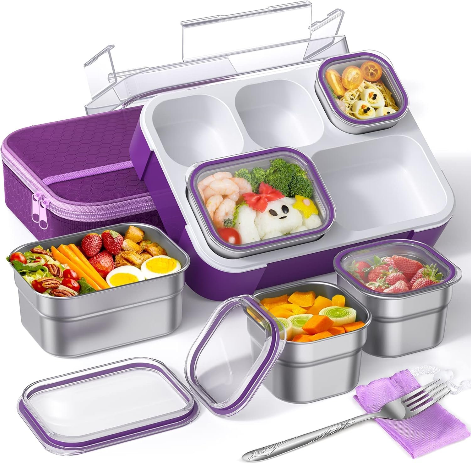 Lunch Boxes Stainless Steel Bento Box with Insulated Lunch Bag & Fork, Leakproof Metal Lunchbox Set for Adults Kids Bento-Style 5 Compartments Snack Containers, BPA-Free, Dishwasher Safe (Purple)