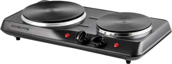 OVENTE Electric Countertop Double Burner, 1700W Cooktop with 7.25" and 6.10" Cast Iron Hot Plates, Temperature Control, Portable Cooking Stove and Easy to Clean Stainless Steel Base, Black BGS102B