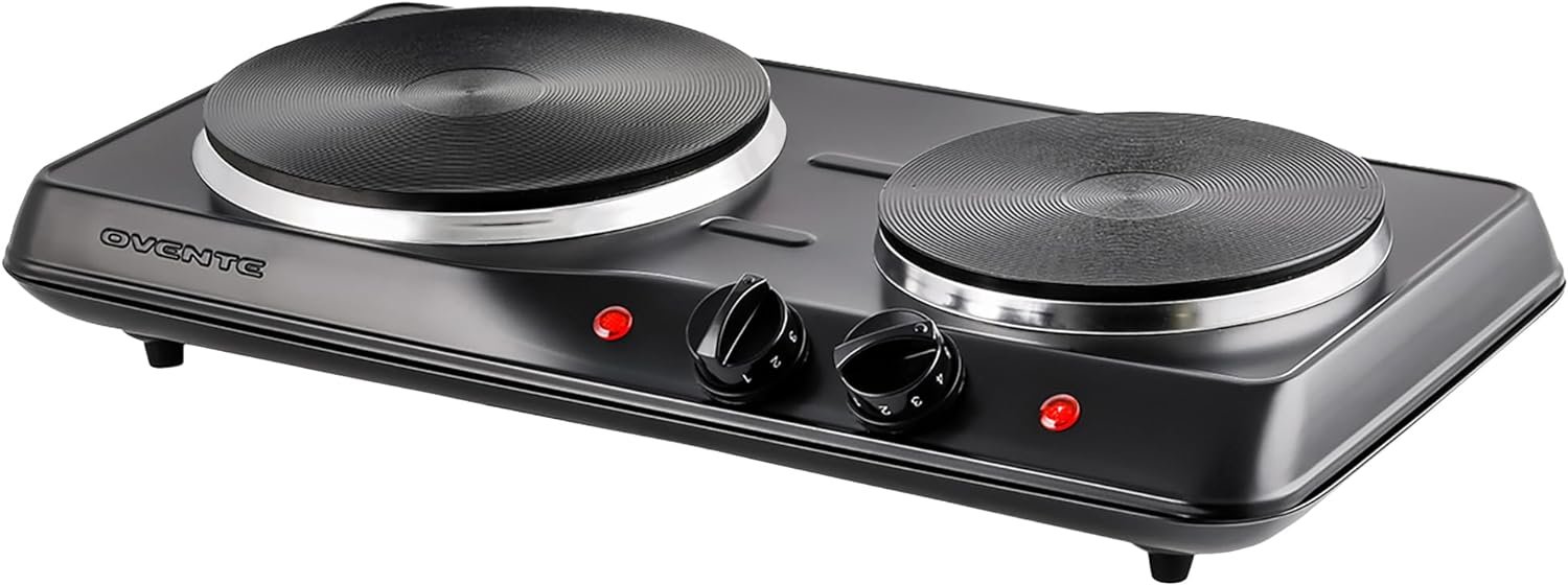 OVENTE Electric Countertop Double Burner, 1700W Cooktop with 7.25″ and 6.10″ Cast Iron Hot Plates, Temperature Control, Portable Cooking Stove and Easy to Clean Stainless Steel Base, Black BGS102B