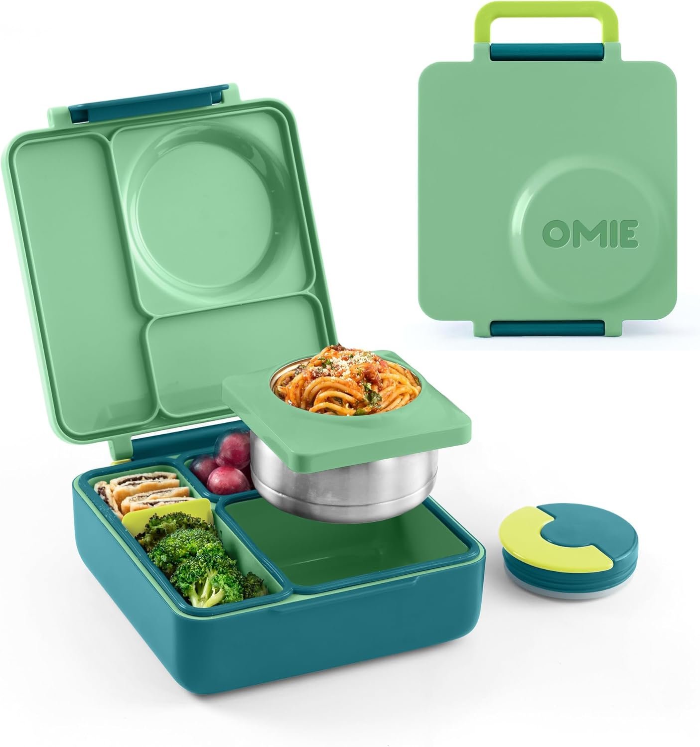 Omie OmieBox Bento Box for Kids – Insulated Lunch Box with Leak Proof Thermos Food Jar – 3 Compartments, 2 Temperature Zones – (Meadow) (Single)