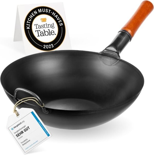 YOSUKATA Carbon Steel Wok Pan – 13,5 “ Stir Fry Pans - Chinese Wok with Flat Bottom Pow Wok - Traditional Japanese Woks - Black Carbon Steel